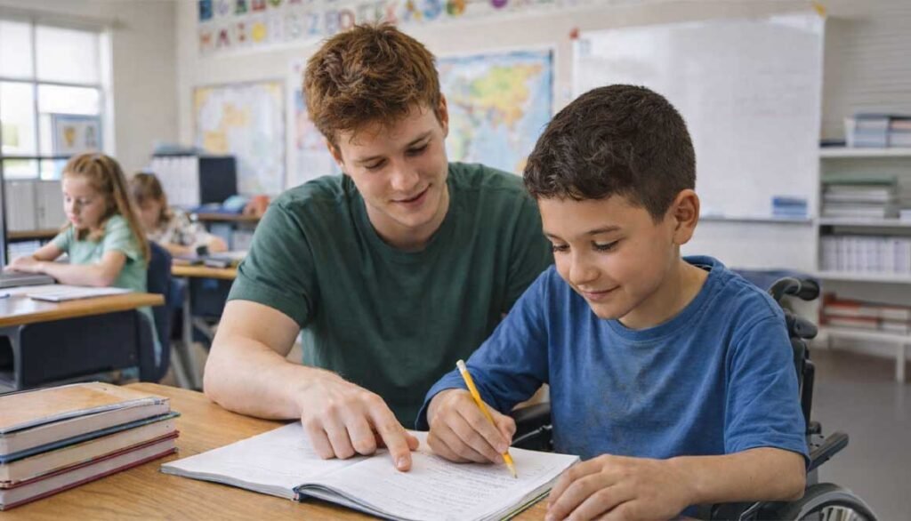 Schulbegleiter-hilft-Schueler-im-Rollstuhl